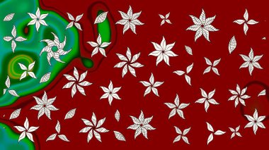 Raster düz çiçek çizim deseni. Hediye ambalaj kağıdı, tebrik kartları, posterler ve pankart tasarımı. Kırmızı ve yeşil renkte çiçekler.