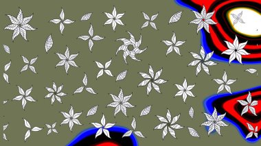 Raster çiçek desenli çiçek deseni, yapraklar, dekoratif elementler, sıçrama, lekeler, el çizimi kontur çizgileri ve Doodle çizim stili, grafik raster çizim çizimi.