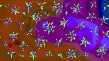 Düz Çiçek Elementleri Tasarımı. Kahverengi ve mor renkte zarif çiçekli suluboya. Renkli Bahar Teması eskiz kalıbı. Raster illüstrasyonu.