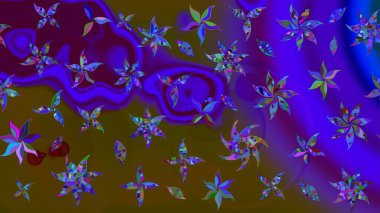 Raster çiçek desenli çiçek deseni, yapraklar, dekoratif elementler, sıçrama, lekeler, el çizimi kontur çizgileri ve Doodle çizim stili, grafik raster çizim çizimi.