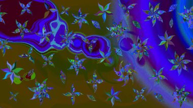 Çiçekli karalama şeklinde Raster çiçek deseni. Kahverengi ve mavi renkli çiçekler. Nazik, narin çiçek arkaplanı.