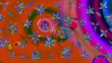 Raster illüstrasyonu. Renkli desenli eskiz deseni, turuncu ve kahverengi çiçekler ve dekoratif elementler. Kumaş, tekstil, duvar kağıdı baskısı için. Eskiz geçmişi. Antika retro tarzı.