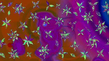 Raster illüstrasyonu. Mor ve kahverengi renklere karalamalar çizilmiş çiçek deseni.