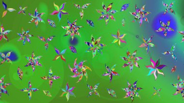 Yeşil ve mavi arka planda. Çocuksu tasarım. Elle çizilmiş çiçek desenli Raster çizimi. Tekstil, kumaş, ambalaj, hatıra defteri için güzel çiçek arkaplanı..