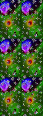 Raster illüstrasyonu. Çiçek desenli çizim. Raster illüstrasyonu. Asya tekstil tarzında. Yeşil ve mavi renkte çiçekler.