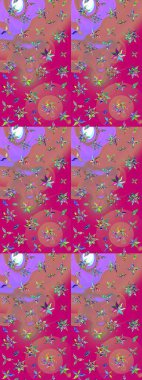 Hint süsü. Pembe ve morumsu renklerde. Çiçek duvar kağıdı. Çizim kalıbı. Renkli süs kenarı. Raster illüstrasyonu.