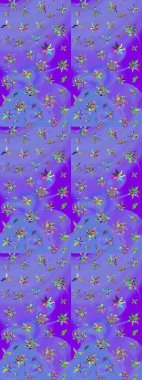 Renkli Yaz Temalı eskiz kalıbı. Mor ve mavi renkte çiçekler. Düz Çiçek Elementleri Tasarımı. Raster illüstrasyonunda çiçek deseni çizimi.