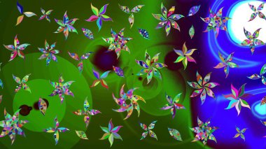 Raster illüstrasyonu. Yeşil ve mavi renkli yeşil ve mavi papatya deseni. Yeşil ve mavi renklerde.