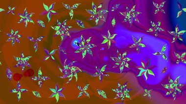 Düz Çiçek Elementleri Tasarımı. Kahverengi ve mor renkte zarif çiçekli suluboya. Renkli Bahar Teması eskiz kalıbı. Raster illüstrasyonu.