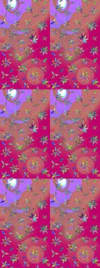 Hint süsü. Pembe ve morumsu renklerde. Çiçek duvar kağıdı. Çizim kalıbı. Renkli süs kenarı. Raster illüstrasyonu.