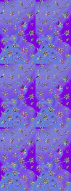 Renkli Yaz Temalı eskiz kalıbı. Mor ve mavi renkte çiçekler. Düz Çiçek Elementleri Tasarımı. Raster illüstrasyonunda çiçek deseni çizimi.