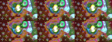 Retro tekstil tasarım koleksiyonu. Çiçekli ipek eşarp. El çizimi çiçek unsurları olan soyut çizim raster deseni. 1950-1960 motifleri. Kahverengi üstüne kahverengi.