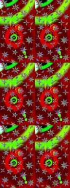 Çiçekler kırmızı ve yeşil renklerde. Hediye ambalaj kağıdı, tebrik kartları, posterler ve pankart tasarımı. Raster düz çiçek çizim deseni.