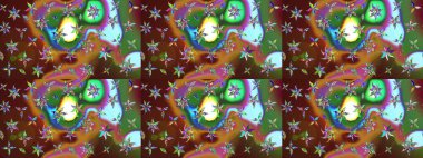 Retro tekstil tasarım koleksiyonu. Çiçekli ipek eşarp. El çizimi çiçek unsurları olan soyut çizim raster deseni. 1950-1960 motifleri. Kahverengi üstüne kahverengi.