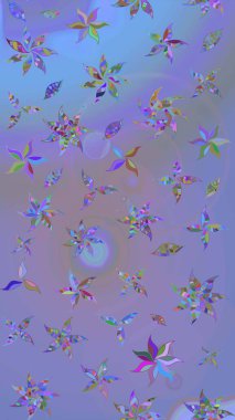 Modern çiçek arkaplanı. Moda baskıları için zarif bir şablon. Parlak renkli çiçekleri ve mor ve mavi renkli yaprakları olan harika bir çiçek deseni. Halk stili.