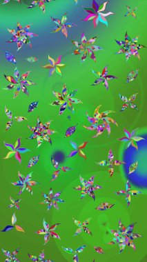 Yeşil ve mavi renkte çiçekler. Renkli Yaz Temalı eskiz kalıbı. Sevimli çiçek raster deseni. Düz Çiçek Elementleri Tasarımı.