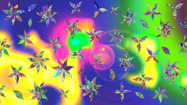 El çizimi çiçek unsurları olan soyut çizim raster deseni. Retro tekstil tasarım koleksiyonu. 1950-1960 motifleri. Çiçekli ipek eşarp. Yeşil yeşile.