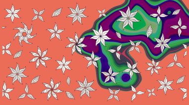 Çiçek desenli çizim. Raster illüstrasyonu. Raster illüstrasyonu. Asya tekstil tarzında. Turuncu renkte çiçekler.