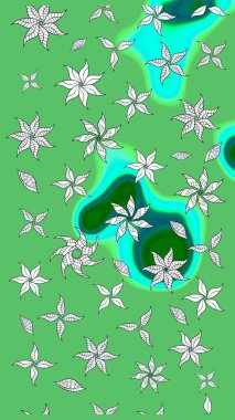 Raster illüstrasyonu. Raster illüstrasyonu. Eskiz stili yeşil ve mavi renkler. El yapımı çiçek ve bitki koleksiyonu. Şirin karalamalı çiçek deseni çiz..