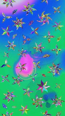 Raster deseni. Soyut çiçek çizim kalıbı arka planı. Mavi ve yeşil renklerde. Küçük çiçekteki sevimli çiçek deseni. Raster illüstrasyonu.