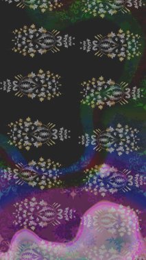 Çok renkli ve mor zarif küçük çiçekler ve gri ve mor renkli komik böcekler, raster deseni, illüstrasyon.