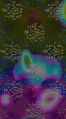 Raster illüstrasyonu. Gri ve mor renkli Asya tekstili. Çiçek desenini çiz.