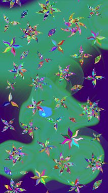 Mavi ve yeşil renkli çiçekler. Renkli Bahar Teması eskiz kalıbı. Düz Çiçek Elementleri Tasarımı. Güzel çiçek deseni..