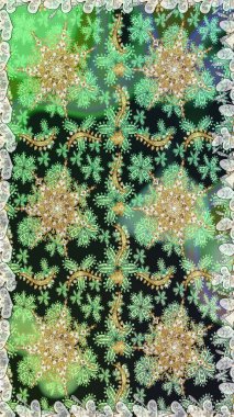 Kış kar dokusu duvar kağıdı. Noel altın kar tanesi kusursuz desen. Sembol bayramı, yeni yıl kutlamaları, altın desenler. Yeşil renkte altın kar taneleri.