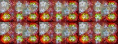 Kar tanelerinin soyut arkaplanlı Noel şablonu. Raster illüstrasyonu. Noel ve yeni yıl moda baskıları için tatil tasarımı. Kahverengi, kırmızı ve gri renkler.