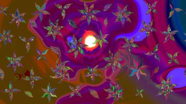 Raster çiçek desenli çiçek deseni, yapraklar, dekoratif elementler, sıçrama, lekeler, el çizimi kontur çizgileri ve Doodle çizim stili, grafik raster çizim çizimi.