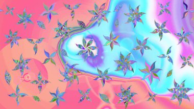 Pembe ve mavi renklerde bahar çiçekleri. Raster illüstrasyonu. Yaprak ve çiçeklerin suluboya resimleri, pembe ve mavi renkler üzerine çizimler..