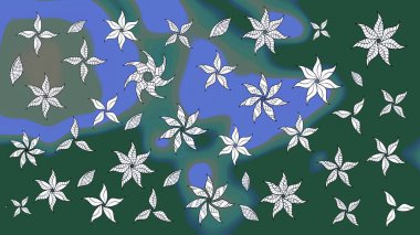 Raster illüstrasyonu. Raster illüstrasyonu. Çiçek desenli çizim. Yeşil ve mavi renkte çiçekler. Asya tekstil tarzında.