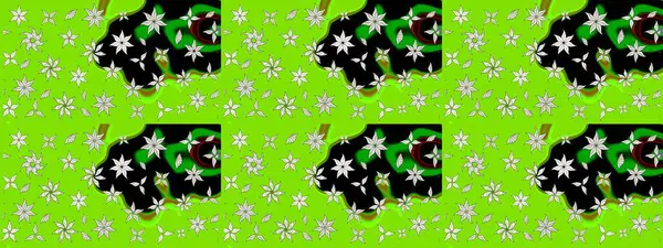 Yumuşak, yeşil renkli bahar çiçekleri. Raster illüstrasyonu. Yaprak ve çiçeklerin suluboya resmi, yeşil renkte çizim deseni.