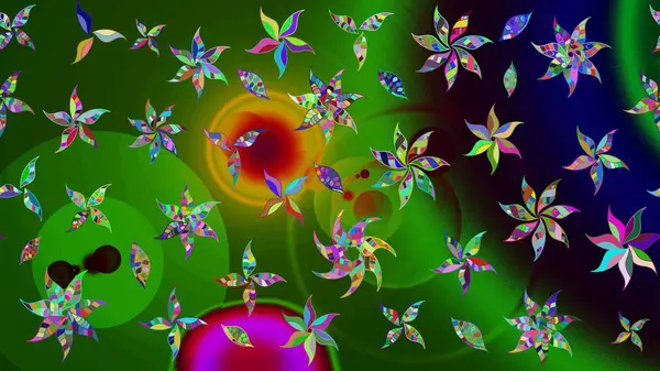 Renkli Yaz Temalı eskiz kalıbı. Düz Çiçek Elementleri Tasarımı. Raster Illustrasyon 'daki Çiçek Deseni' nin son moda çizimi. Yeşil ve siyah renkte çiçekler.