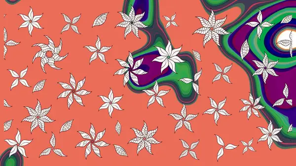 Suluboya çiçekli çiçek deseni. Turuncu ve nötr renklerde Asya tekstili. Raster illüstrasyonu.