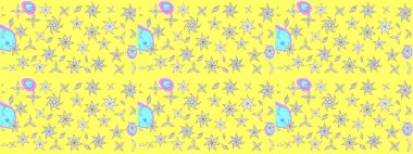 Çiçek süslemeli çizim deseni. Raster illüstrasyonu. Sarı ve beyaz renkte çiçekler.