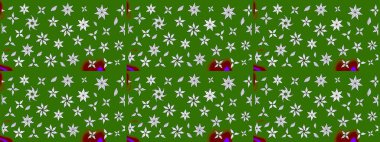 Yeşil ve nötr küçük çiçekler ve yeşil ve nötr renklerdeki komik böcekler, raster desen, illüstrasyon.