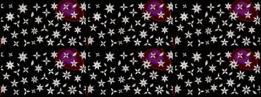 Raster - stok. Eskiz arkaplan modeli. Çiçekler yapraklarla ve papatya çiçekleri siyah ve nötr renklerle.