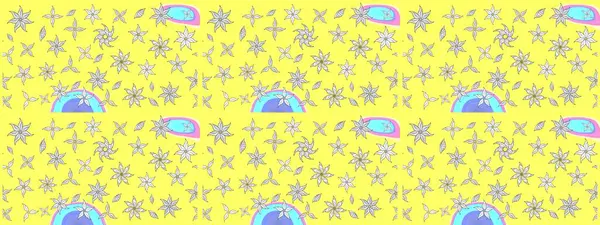 Soyut etnik raster çizim kalıbı. Vadinin çiçekleri sarı ve beyaz renklerde. Çiçekler..