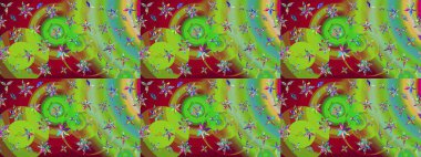 Çiçekli zambakların eskiz geçmişi. Parlak çiçekli kolaj çiçekleri yeşil ve kırmızı. Çiçek tasarımı için inanılmaz kolaj cennet tarzı..