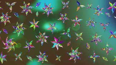 Yeşil ve kahverengi renkli çiçekler. Hediye ambalaj kağıdı, tebrik kartları, posterler ve pankart tasarımı. Raster düz çiçek çizim deseni.