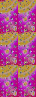 Raster illüstrasyonundaki çiçek desenli çizim. Mor ve sarı renkte çiçekler.