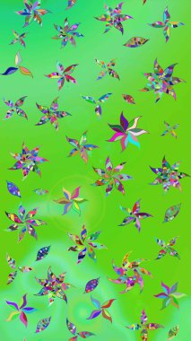 Düz Çiçek Elementleri Tasarımı. Renkli Bahar Teması eskiz kalıbı. Çiçekli çizim şekli. Yeşil ve mavi renkte çiçekler.