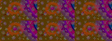 Yapraklı çiçekler ve kahverengi ve mor renkte papatya çiçekleri. Eskiz arkaplan modeli. Raster - stok.