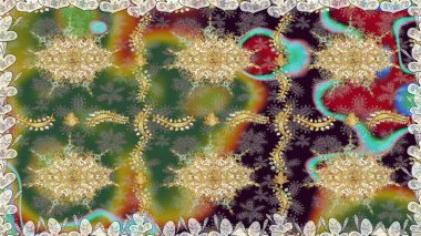 Geleneksel oryantasyon süsü. Klasik klasik klasik arka plan. Altın elementlerle yeşil renklerde altın desen. Kusursuz klasik raster altın desenli.