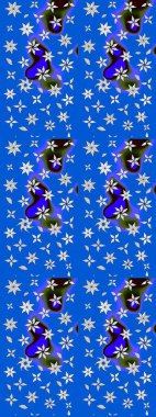 Çiçek desenli çizim. Mavi ve nötr renklerde Asya tekstil tarzında. Raster illüstrasyonu.