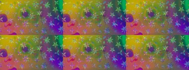 Suluboya elle çizilmiş çiçek desenli eskiz deseni. Parlak renkli fantezi çiçekleri, yapraklar, yeşil ve kahverengi renkli tomurcuklar yeşil ve kahverengi.