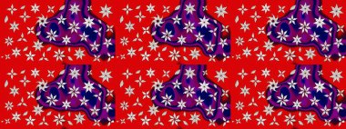 Elle çizilmiş çiçek desenli Raster çizimi. Tekstil, kumaş, ambalaj, hatıra defteri için hoş bir çiçek arkaplanı. Çocuksu tasarım. Kırmızı arkaplanda.