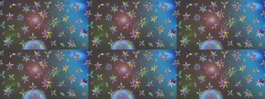 Mavi ve gri renkler üzerine çiçek desenli çizimler, el yapımı papatyalar, papatyalar. Tekrarlayan çiçek arkaplanı, zarif mavi ve gri çiçek duvar kağıdı.