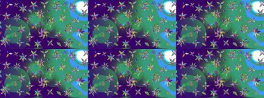 Paket kağıdı için en iyisi. Doğal kozmetik ürünleri, parfüm, çiçekçi dükkanı için bahar ihalesi tasarımı. Mavi ve yeşil lale çiçekli Raster eskiz deseni. Karşılama ya da düğün geçmişi olarak kullanılabilir.